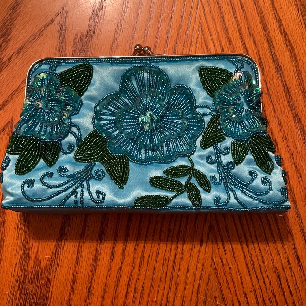 Beautiful blue intricate beaded clutch bag